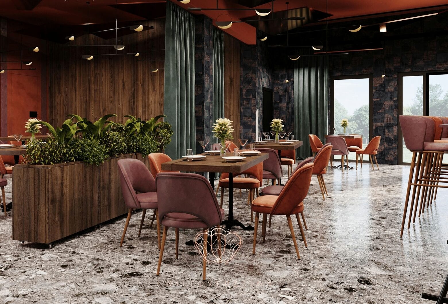 Elegancka restauracja Pełną Parą z drewnianymi stołami, tapicerowanymi krzesłami, roślinami i dużymi oknami